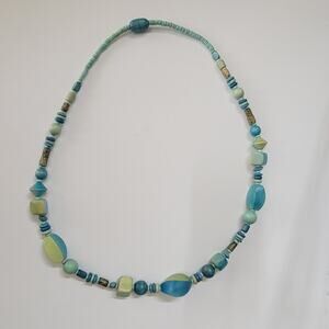 Vintage Blue Green Wooden Bead Necklace With Mixed Shapes Tribal Boho Jewelry
